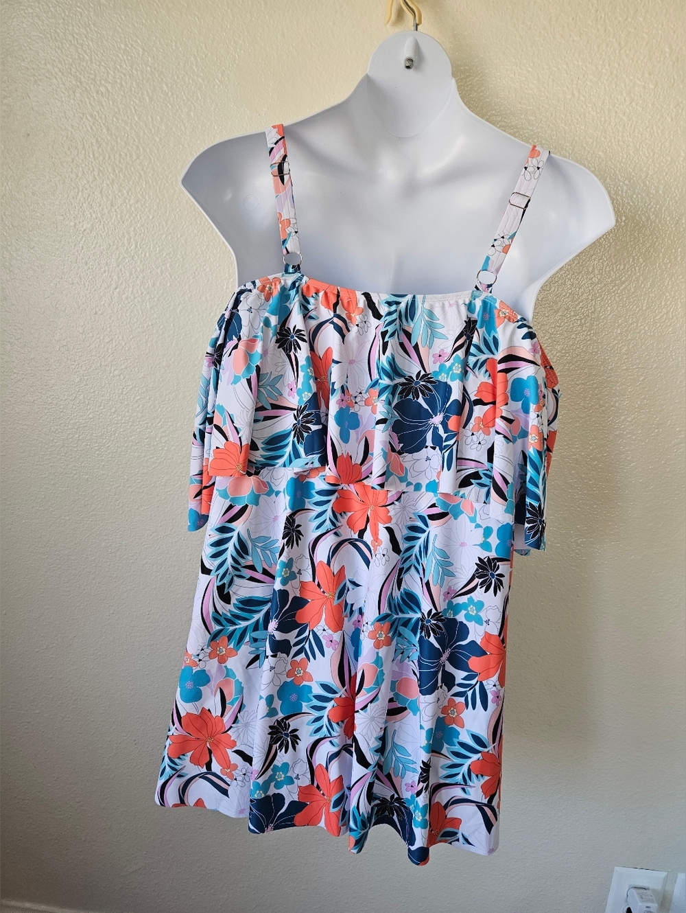 Bloomchic-Women's  22-24 Tropical Adjustable Straps Cold Shoulder Bathing Suit. - Picture 4 of 11